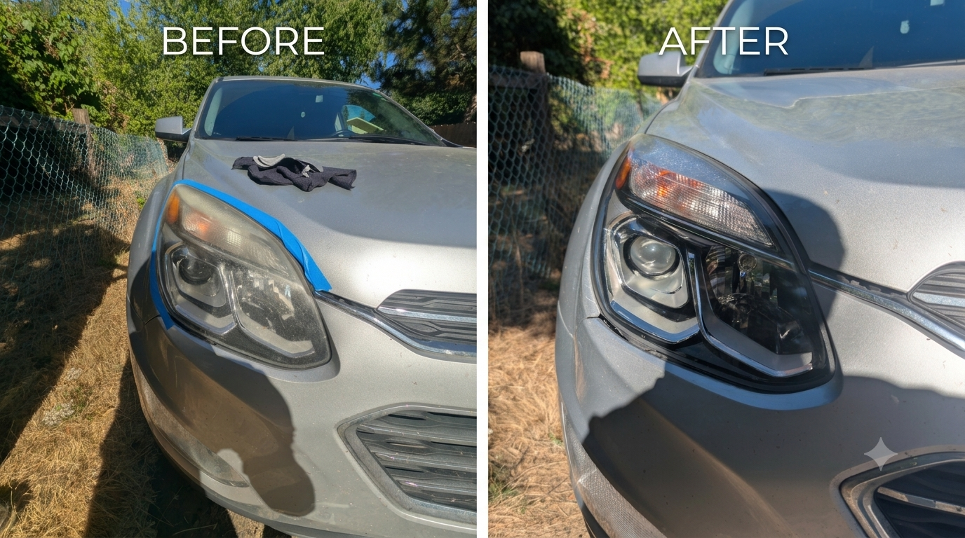 Chevy Equinox Cleanup before and after headlight restoration